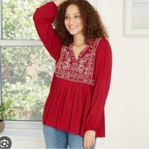 Knox Rose boho style red and white embroidered top